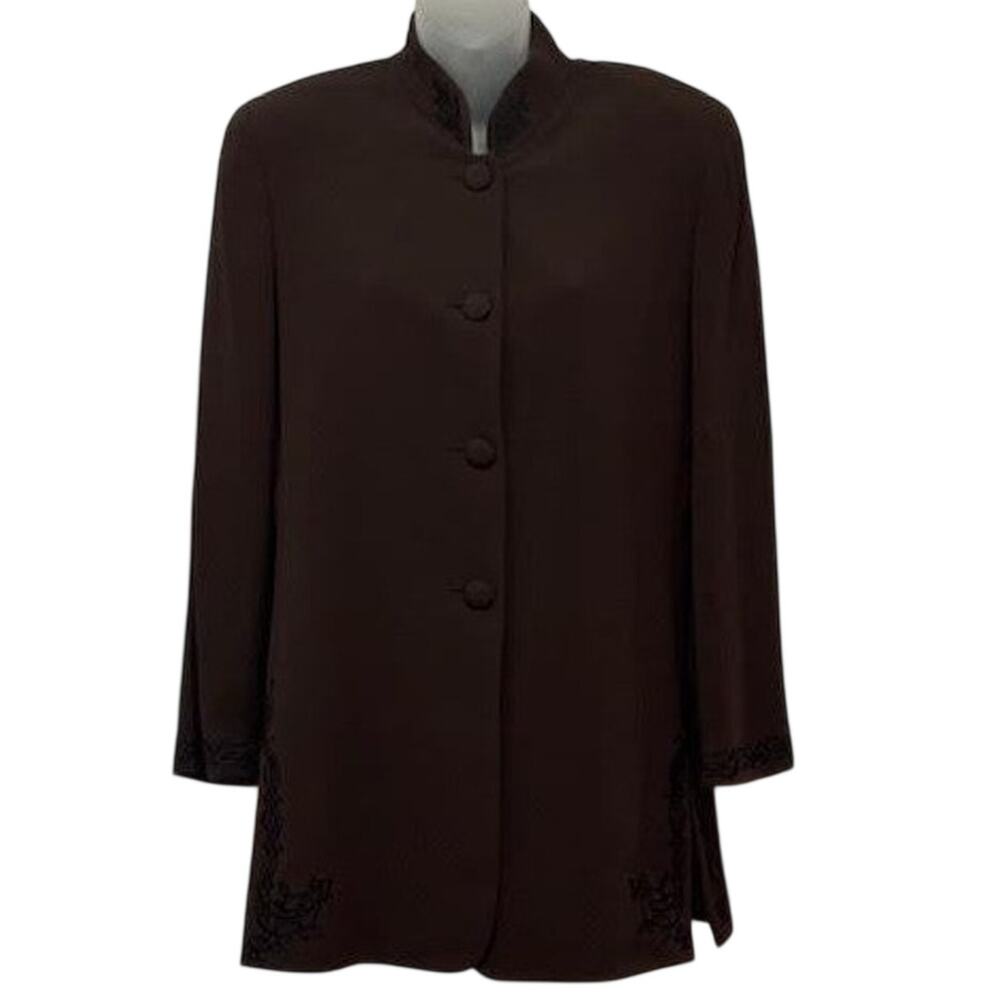 Vintage Anne Klein II Mandarin Collar Brown Embroidered Blazer Jacket Size 8P